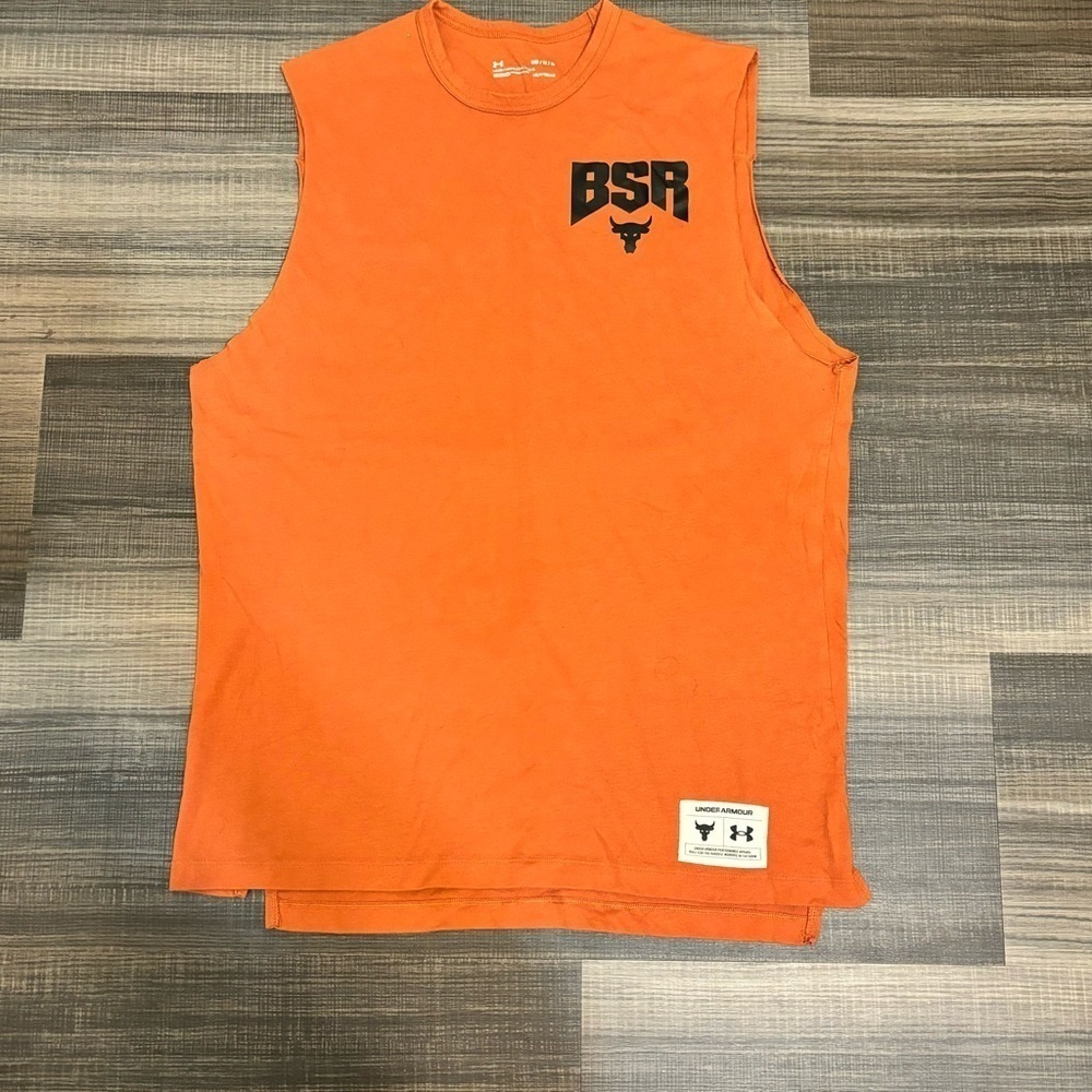 Under Armour Project Rock BSR Sleeveless Tank Top XL Orange Workout Gym Shirt